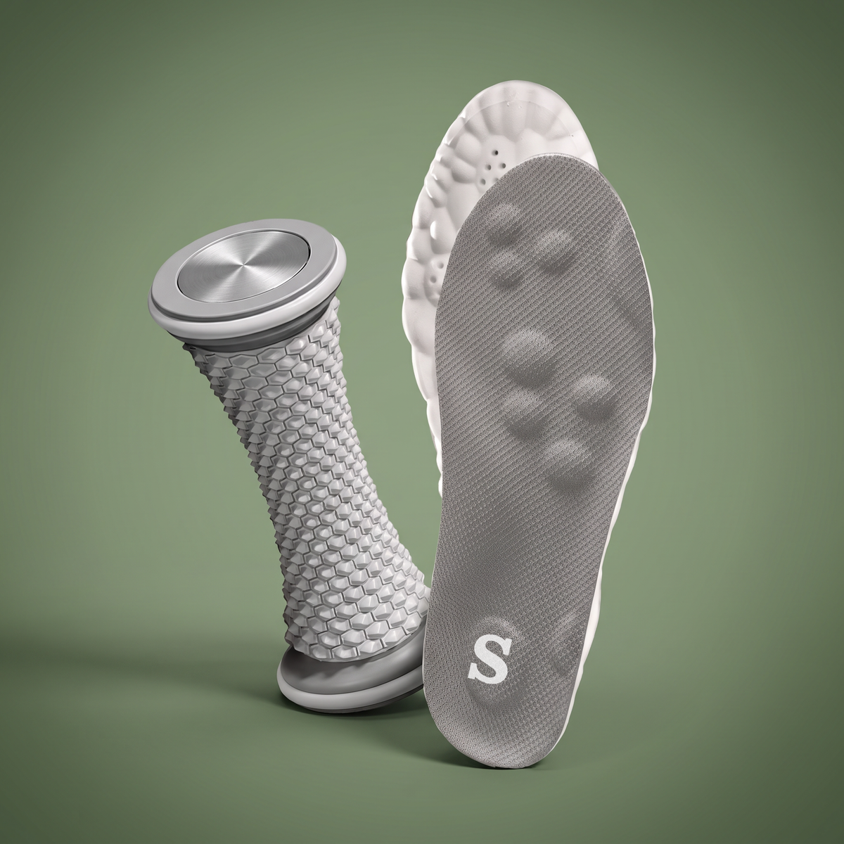 Solacea Plantar Fasciitis Relief Kit, foot massage roller standing beside an insole showing the massage domes