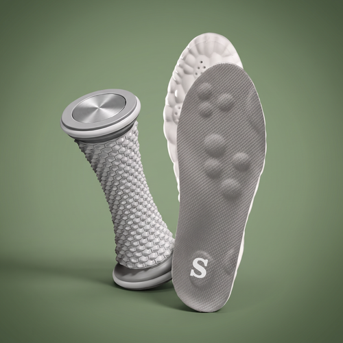 Solacea Plantar Fasciitis Relief Kit, foot massage roller standing beside an insole showing the massage domes