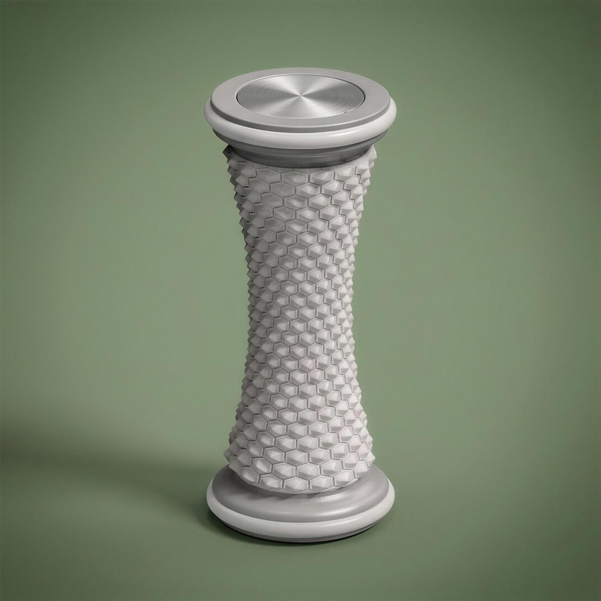 Solacea foot massage roller standing upright, grey foam with hexagonal nodes and brushed silver end caps