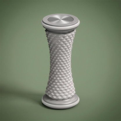 Solacea foot massage roller standing upright, grey foam with hexagonal nodes and brushed silver end caps
