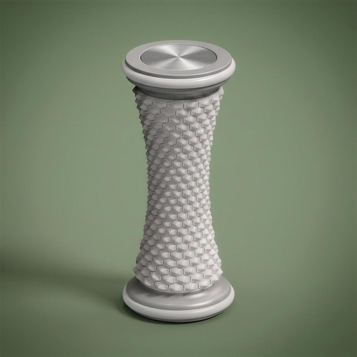 Solacea foot massage roller standing upright, grey foam with hexagonal nodes and brushed silver end caps