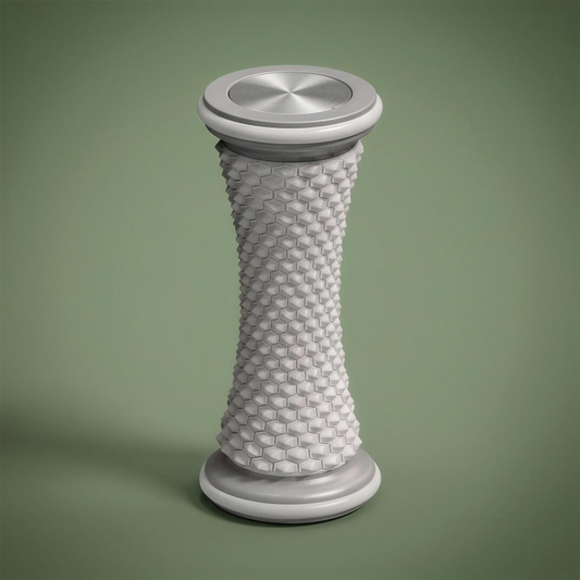 Solacea foot massage roller standing upright, grey foam with hexagonal nodes and brushed silver end caps