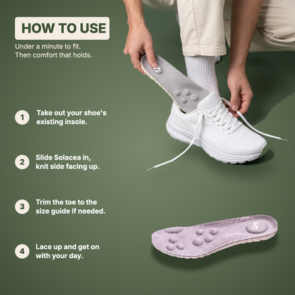 Four steps to fit Solacea insoles: remove the old insole, slide Solacea in knit side up, trim the toe, lace up