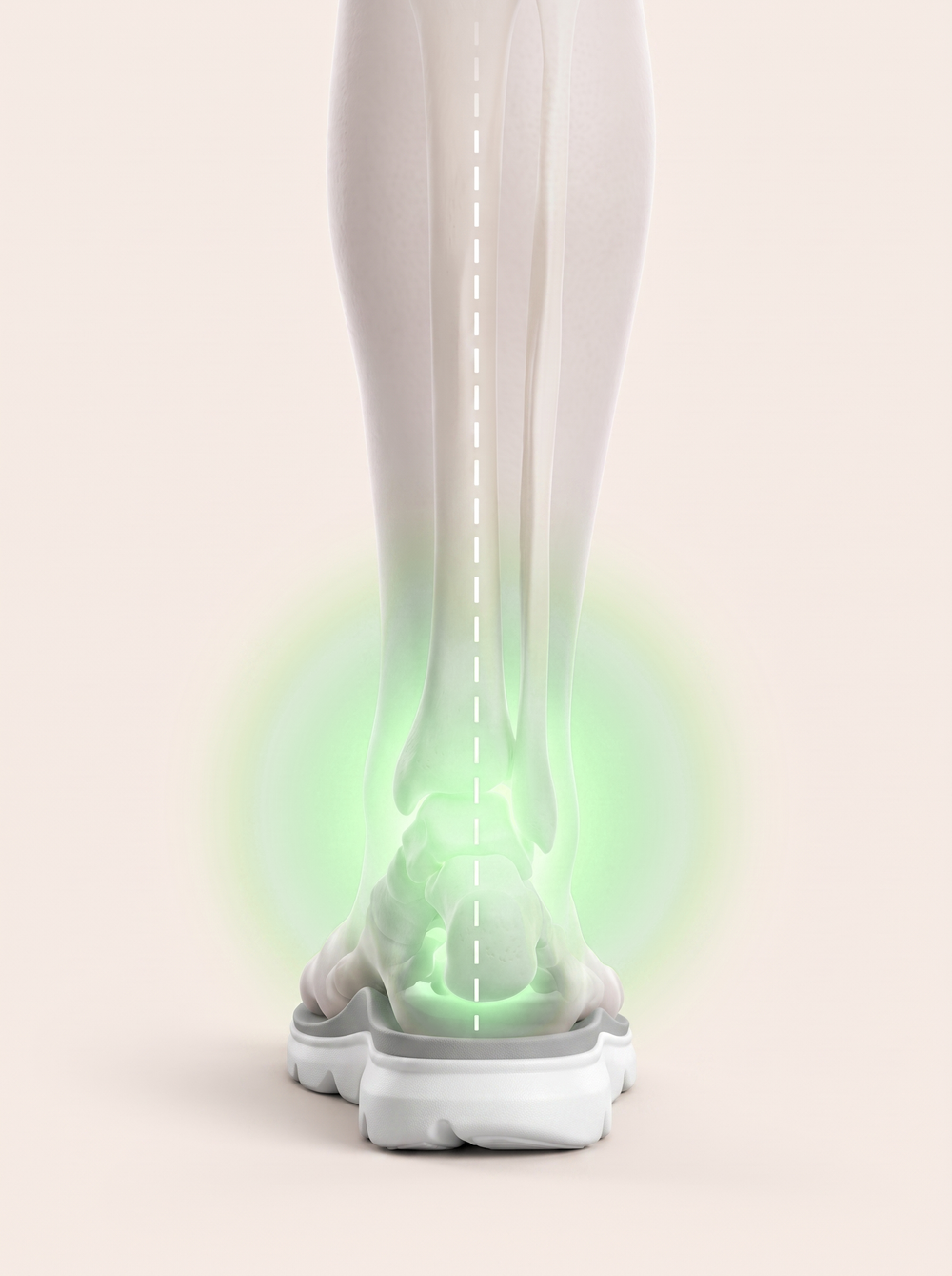 Rear view of the same ankle held upright and straight on a contoured Solacea insole, alignment line straight, soft sage glow marking supported alignment