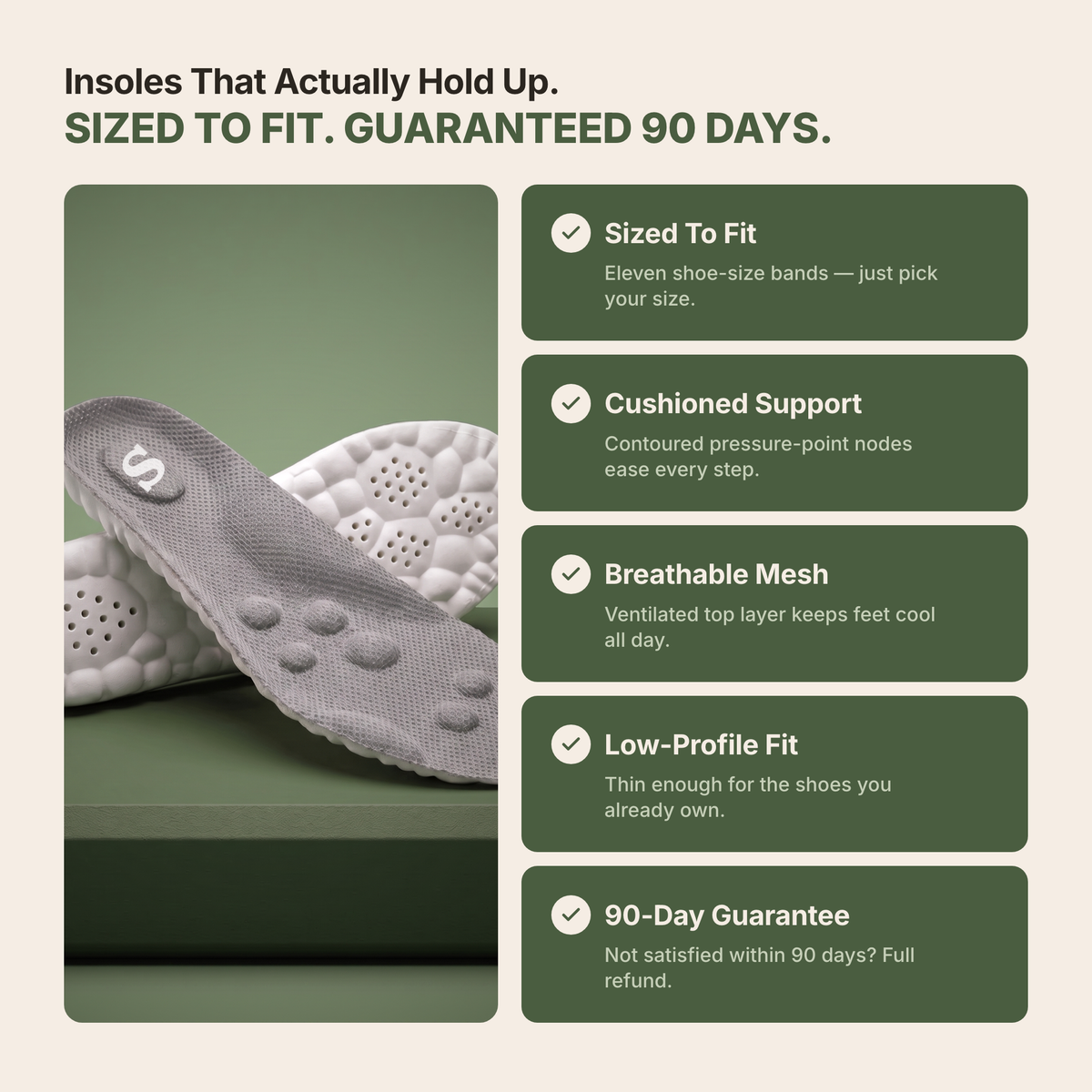 Solacea insole feature breakdown: trim to fit, cushioned support, breathable mesh, and a 90 day guarantee