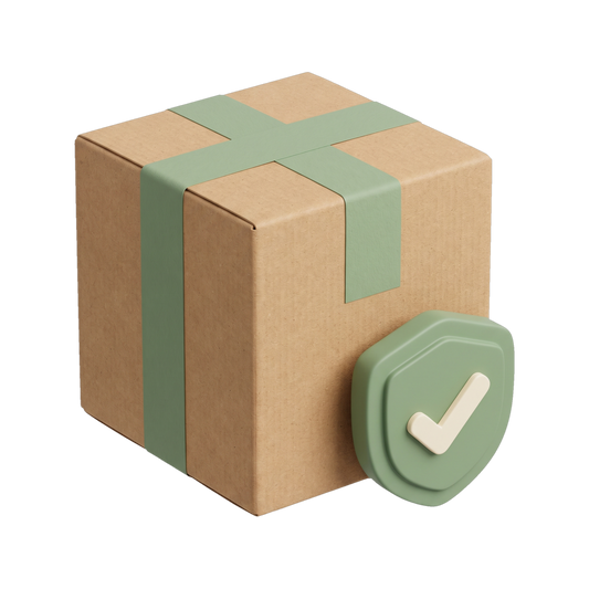 Kraft shipping parcel sealed with sage tape and a green protection shield