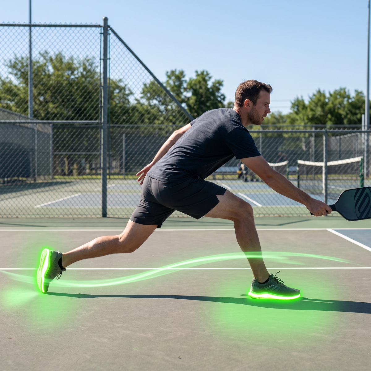 A man lunging to return a shot on a pickleball court, the soles of his shoes glowing green with a trail of light