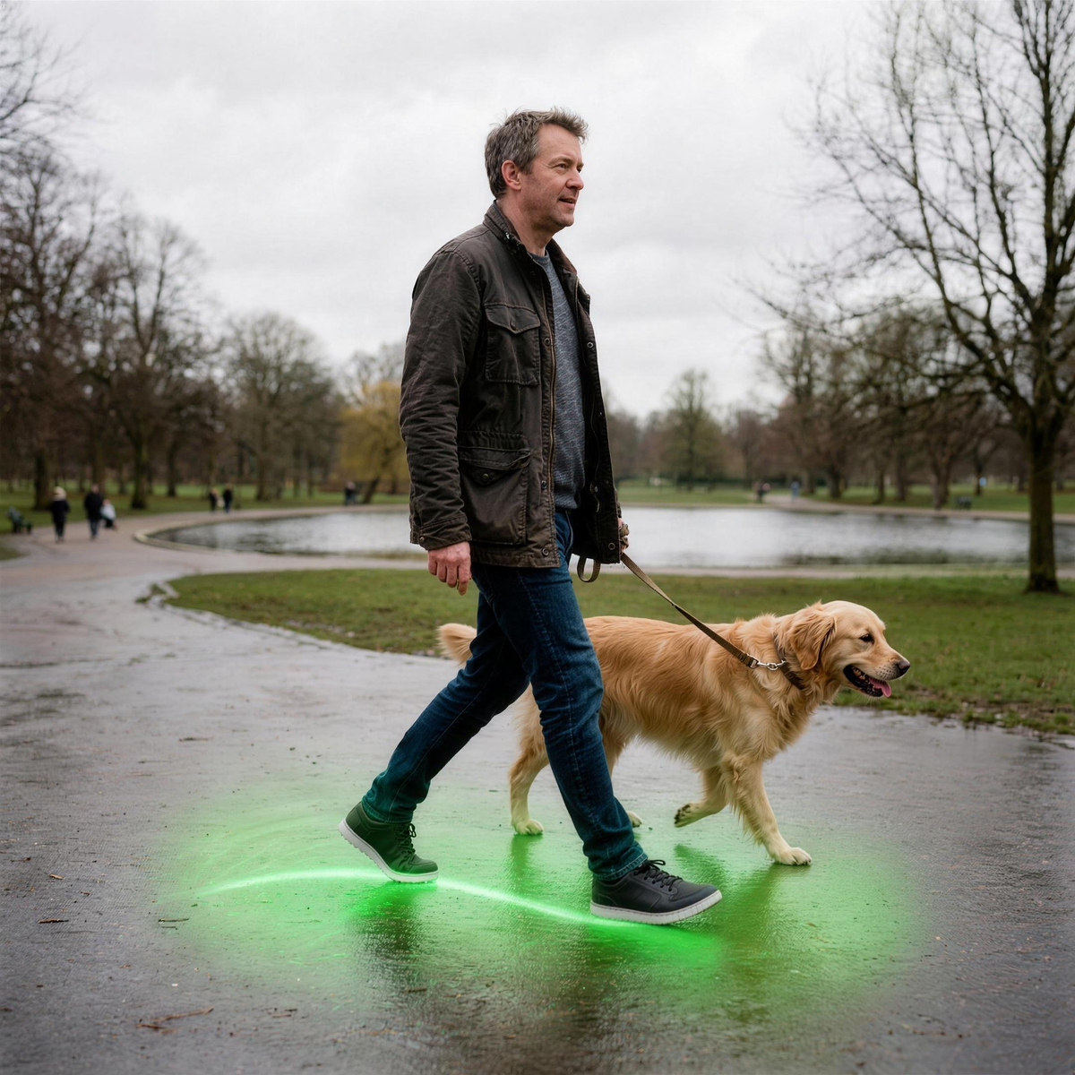 Man walking a dog on a wet park path, green glow highlighting cushioned support underfoot
