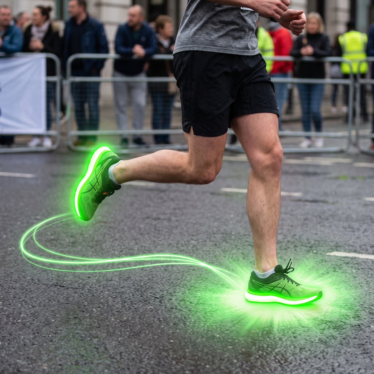 A runner mid-stride in a road race, the soles of his shoes glowing green with a trail of light behind him