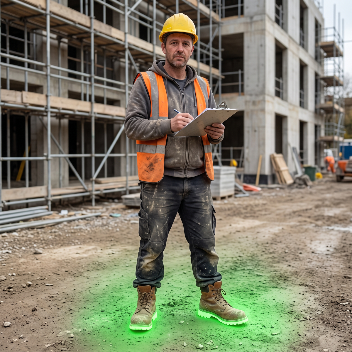 A construction worker standing on a building site, the soles of his work boots glowing green