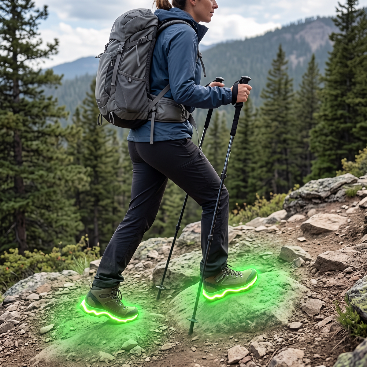 A hiker on a rocky mountain trail, the soles of her boots glowing green with light spilling onto the ground